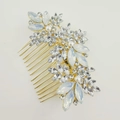 Detailed macro of wedding hair comb with white pearls, crystals and opal leaves - Style E - Hair Comb Gold