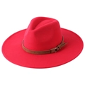 Elegant red felt jazz hat with 9cm wide brim and brown leather band detail - Adult 58cm One Size / Red