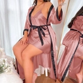 Pink satin nightgown and robe set with black trim for a stylish loungewear look - 3XL / Pink