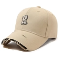 Distressed khaki baseball cap with embroidered letter R and vintage frayed brim detail - Deep Beige
