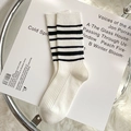 Ivory knit mid-calf socks with black horizontal stripes and vertical ribbed texture - White With Four Black Top Stripes (1 Pair)