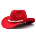 Detail of red wool cowboy hat with distinctive white crushed stone bead band decoration - Red