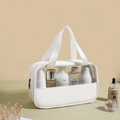 White PU leather and clear TPU travel cosmetic bag with sturdy handle and zipper closure - Medium / White
