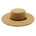 Detail of camel wool fedora with a wide brim and black decorative belt buckle - M (56-58cm) / Camel