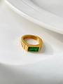 Gold stainless steel ring with emerald-cut green stone and side stripe texture - Green