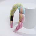 Thick velvet tie-dye puff headband in pastel pink, blue, and yellow with hand made label - Gradient Multicolor