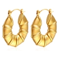 Polished 18K gold plated stainless steel chunky hoops with textured bamboo spiral design - Croissant Ribbed Gold (MS-277)