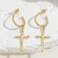Gold-plated C-shaped heart earrings with zircon inlay and hanging cross charm on stone - Cross Pendant Style (ES2283) / Gold