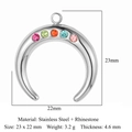 Silver crescent moon pendant in stainless steel with colorful rhinestones, size 23x22mm - Silver Crescent Multi-color Stone