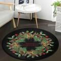 Round Christmas rug with green wreath, pine cones, and Merry Christmas text on wood floor - Sdj_circular Carpet-4