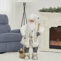 Standing Santa Claus figure in grey plush outfit with skis and gift bag, model SCD08 - White Lamb Suit with Board