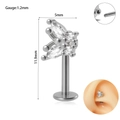 Zilveren vlinder labret piercing van roestvrij staal met witte zirkoon, dikte 16G 1,2mm - Stijl 2 / Staalkleur