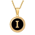 Golden necklace with round black enamel pendant featuring a beaded edge and letter I - Gold I (With Chain)