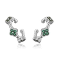 Detail view of silver clover ear bone clips with green crystals on a white background - Platinum Green Zirconia