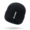 Black ribbed knit beanie with a vertical white lettered logo patch for winter warmth - Black