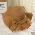 Elegant camel straw sun hat with large bow and wavy lace edge for beach vacation - Lotus Knot Khaki
