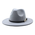 Detail of light gray wool fedora featuring a slim black leather band and gold buckle - Light Gray