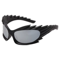 Matte black oversized sporty sunglasses with flame textured frames and silver mirror lenses - Black Frame Silver Mirror