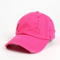 Detailed close-up of distressed ripped edges and washed cotton texture on pink baseball cap - Adjustable / Rose Red