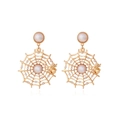 Gothic gold spider web earrings with faux pearl accents and spider charms on white background - Gold