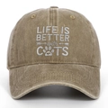 Detail of LIFE IS BETTER WITH CATS embroidery on vintage washed cotton baseball cap - Khaki