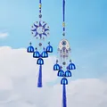 Blue evil eye wind chime with Hamsa hand and sun moon metal pendants and blue tassels - Sun Moon Hollow Hamsa Hand (NO.24)