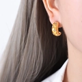 Chic gold-plated titanium C-shape hoop earrings with star engravings and zircon stones - F067 White Zirconia Earrings