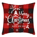 Red and black buffalo plaid Christmas pillow cover with festive white holiday graphics - Red Black Plaid Merry Christmas