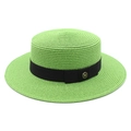 Chapeau canotier élégant en paille vert clair avec ruban noir et boucle dorée logo M - M (56-58cm) / Vert Herbe