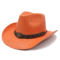 Orange cowboy straw sun hat with wide brim and star metallic emblem on brown band - M(56-58cm) / Orange