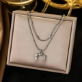 Silver double layer titanium necklace with minimalist semi-circular pendant in jewelry box - Double Layer / Steel