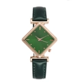 Détail du cadran losange vert avec boîtier en or rose et bracelet en cuir chic - Vert
