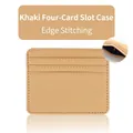 Khaki leather card holder with 4 slots and refined stitched edges on white background - Khaki