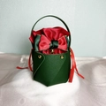 Green leather Christmas apple gift box with red silk drawstring bag and golden bell accent - Green Bucket + Red Velvet Bag with Bow