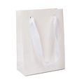 Elegant white paper shopping bag with matching white ribbon handles and foldable structure - 119*55*160mm / White