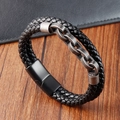 Vintage herenarmband van zwart gevlochten leer met mat metalen ketting en magneetsluiting - 21CM Dubbele Laag