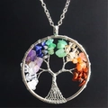 Seven chakra natural stone tree of life pendant necklace with silver wire wrapped crystals - Round Scattered Root 5cm