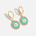 Golden oval evil eye earrings with turquoise enamel and white cubic zirconia accents - Oval