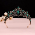 Detail of baroque bridal crown with emerald green stones and bronze vintage metal frame - Antique Gold Green Crystal Crown