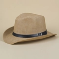 Detailed side view of a breathable straw jazz hat featuring a black leather band - M (56-58cm) / Light Coffee