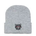 Close-up of gray knit beanie featuring detailed black tiger head embroidery with red eyes - M (56-58cm) / Gray