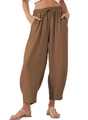 Détail de la taille élastique avec cordon de serrage sur ce pantalon marron en lin - S / Café
