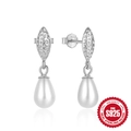 Irregular 925 sterling silver drop earrings with pavé zircons and elegant pearls - 925 Silver / Zirconia Pearl Platinum