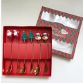 6-piece gold Christmas spoon and fork set with Santa and reindeer in a red gift box - Gold 6PCS Set Red Box Style C (Machine Polished)