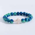 Unisex turquoise stone bead bracelet with blue and green beads and a white cross pendant - Blue Green White Cross Bracelet