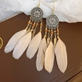 Detail of bohemian long feather tassel earrings with vintage bronze leaf and wood beads - Gold Ear Hook / Grey-Pink