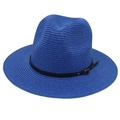 Cappello Panama classico in paglia blu con cinturino in pelle nera e fibbia per protezione solare - Taglia Unica (Paglia Piatta) / Blu Reale (Fascia in Pelle Nera)