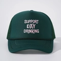 Dark green trucker hat with Support Day Drinking embroidery and breathable mesh back - Dark Green