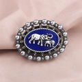 Vintage oval blue enamel brooch with silver elephants, pearls and sparkling rhinestones - Blue Enamel Silver Elephant (XD11186)
