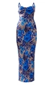 Detail of slim-fit pleated dress with blue tropical floral and palm leaf prints - S / Blue Floral Print